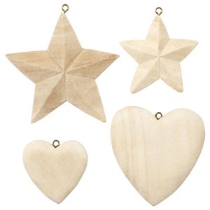Dřevěné dekorace - srdce a hvězdy - 4 ks (dřevěné srdce a hvězdy)